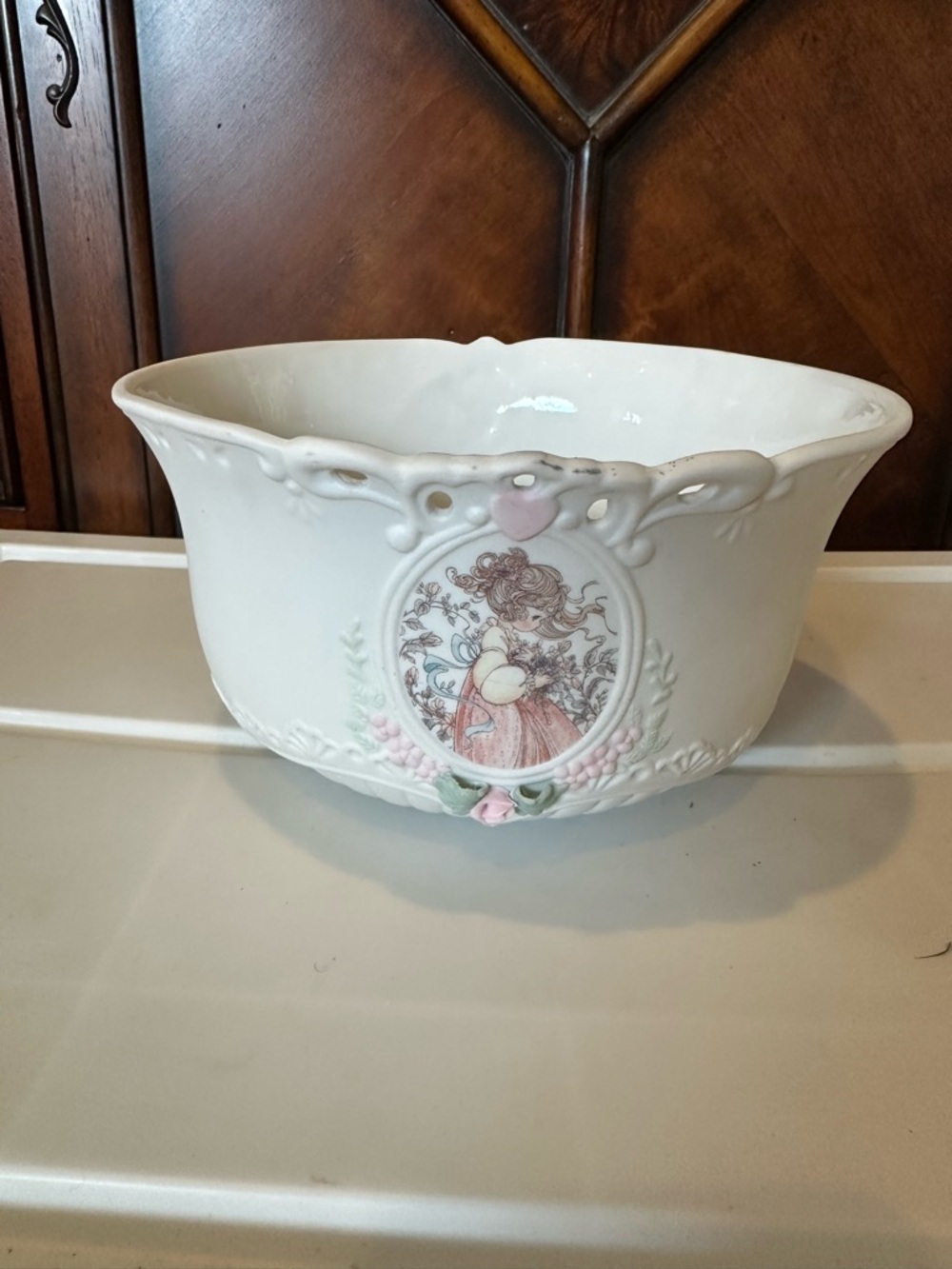 Precious Moments White Porcelain Decorative Bowl with Pink Floral Accents